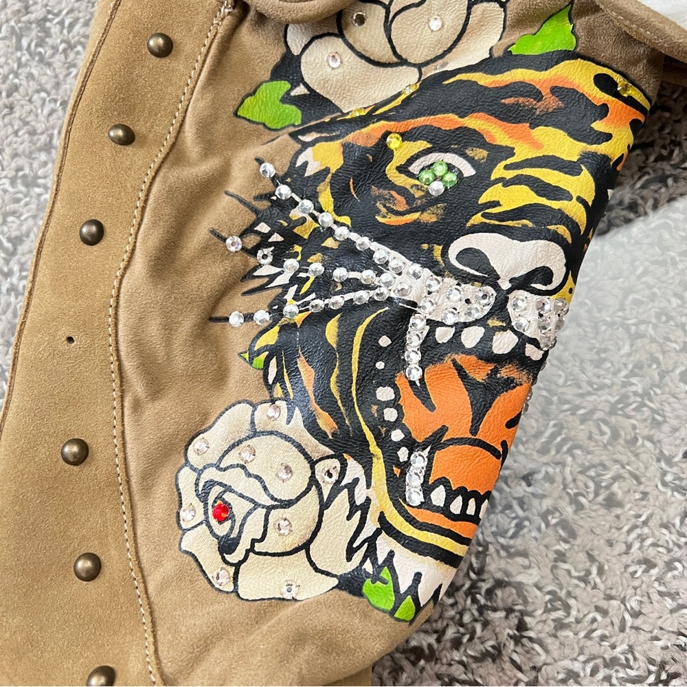 2008 Original Ed hardy tall tan suede boots with swarovski crystals - Picture 2 of 10